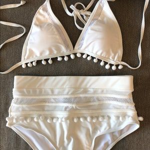 White high waisted pom pom bikini